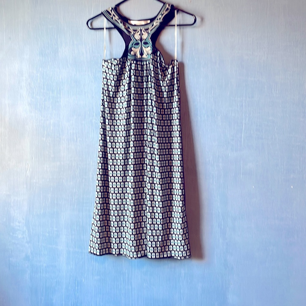 Black,cream and turquoise dress